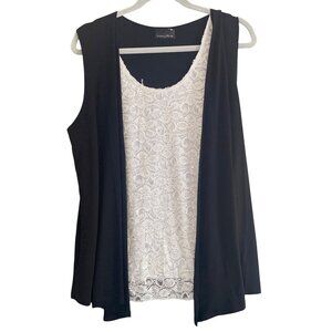 Brittany Black Top Black White Sequin Sleeveless Drape Open  Asymmetric Vest XL